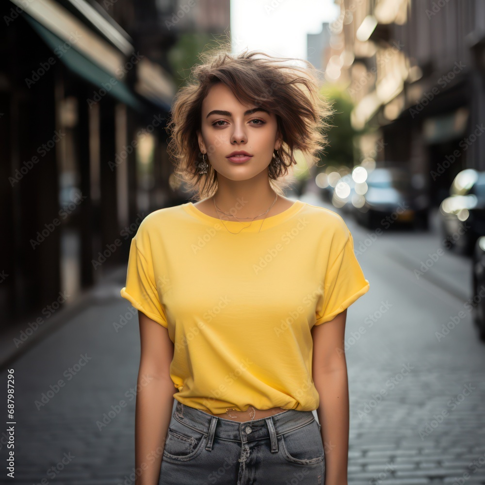 European female model wearing a yellow shirt, suitable for product promotions and mockups