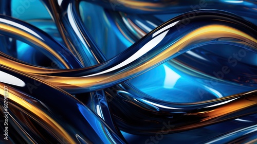 Golden and blue smooth liquid waves abstract background. Generative AI