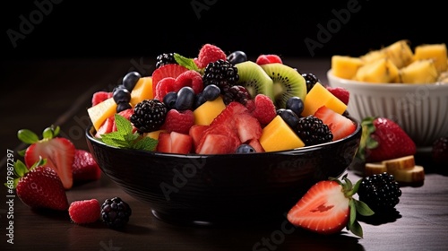 Showcase the appetizing charm of a bowl filled with a variety of freshly cut fruit  a healthy and delicious choice.