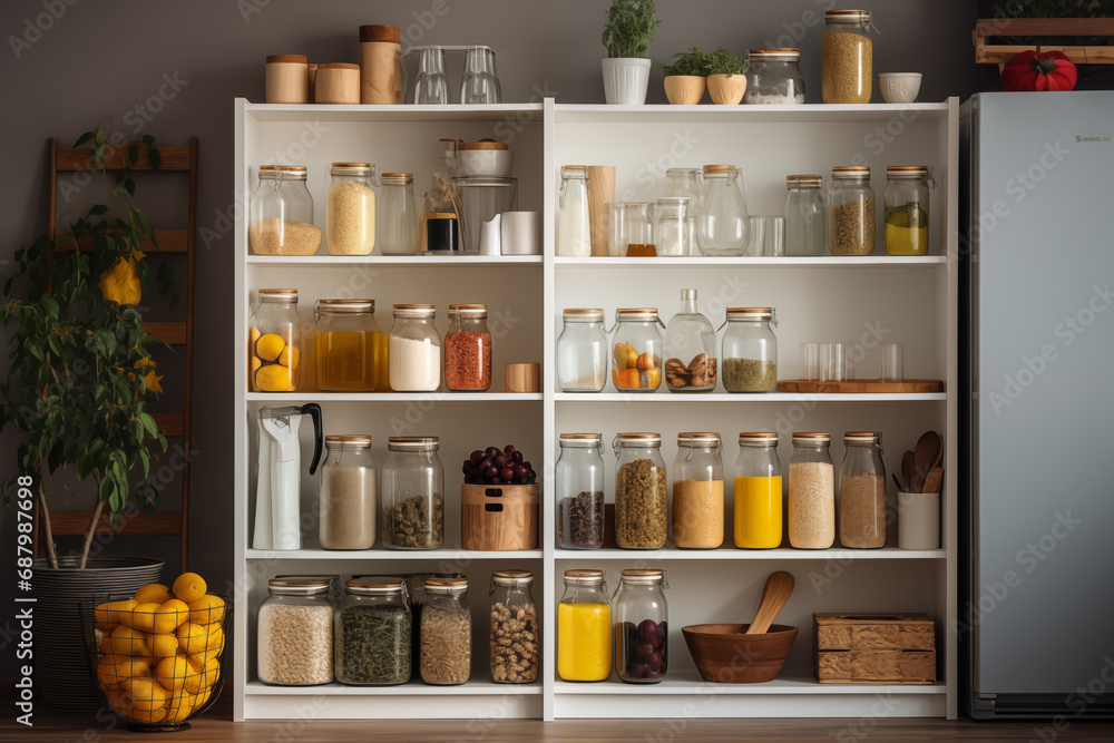jars on the shelf, organization of home storage of products
