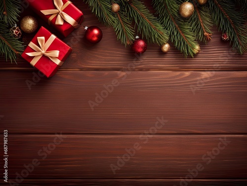 Christmas decorations on wooden background Flat lay top view copy space