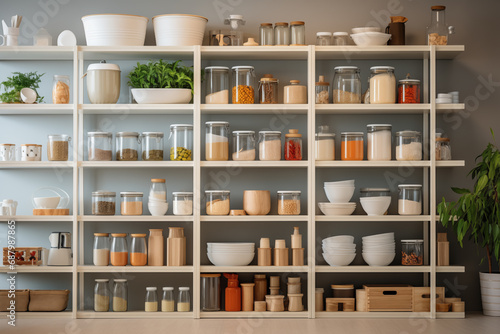 jars on the shelf, organization of home storage of products photo
