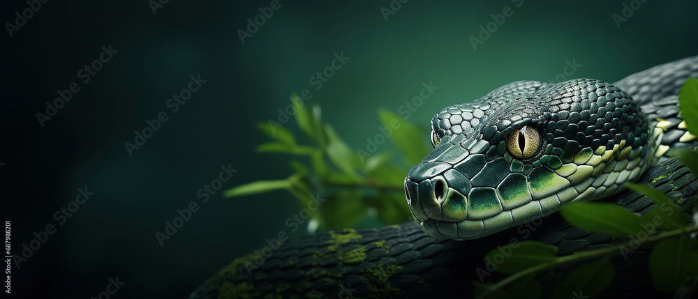 Front view of snake on green background. Wild animals banner with copy space Front view of snake on green background. Wild animals banner with copy space