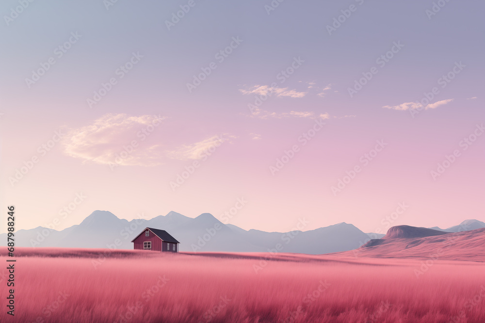a small house in a field on the outskirts, a landscape with a pink sunset a small house in a field on the outskirts, a landscape with a pink sunset