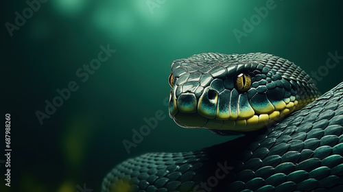 Front view of snake on green background. Wild animals banner with copy space photo