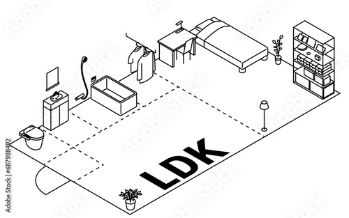 Moving floor plan image, 1LDK, isometric illustration with simple line drawings