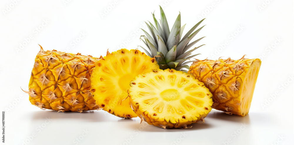Fresh pineapple fruit, full and cut healthy food concept Arrange a beautiful top view with space on a white background. Fresh pineapple fruit, full and cut healthy food concept Arrange a beautiful top view with space on a white background.