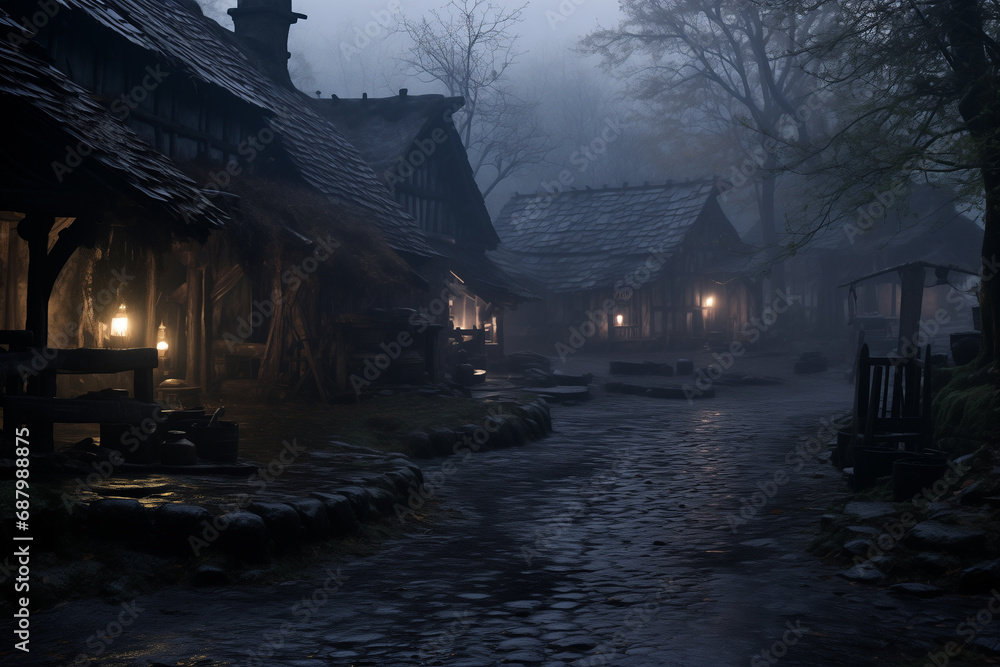 Fototapeta premium A gloomy medieval village with a tavern on a moonlit night