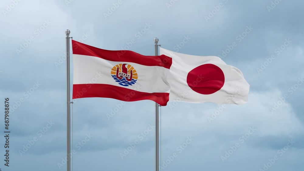 Japan flag and French Polynesia flag waving together on cloudy sky, endless seamless loop, two country relations concept Japan flag and French Polynesia flag waving together on cloudy sky, endless seamless loop, two country relations concept