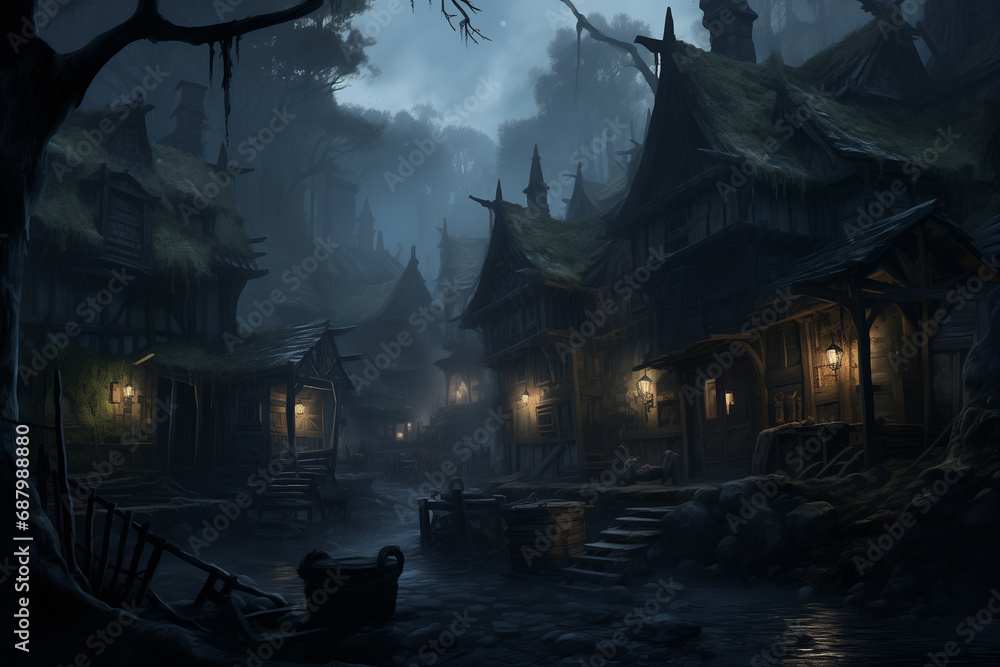 A gloomy medieval village with a tavern on a moonlit night A gloomy medieval village with a tavern on a moonlit night