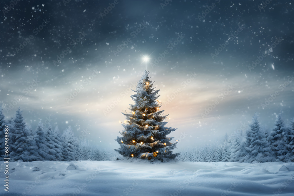 christmas tree with snow background sky full stars beautiful view