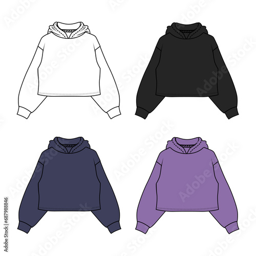 Multicolor hoodie technical drawing fashion flat sketch vector illustration template for women's isolated on white background