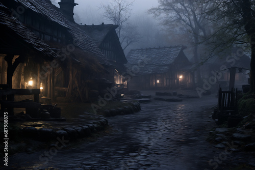 A gloomy medieval village with a tavern on a moonlit night photo