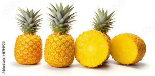 Fresh pineapple fruit, full and cut healthy food concept Arrange a beautiful top view with space on a white background.