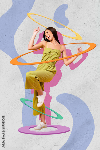 Creative vertical photo 3d collage postcard young laughing girl dance inside circles have fun drawing background © deagreez