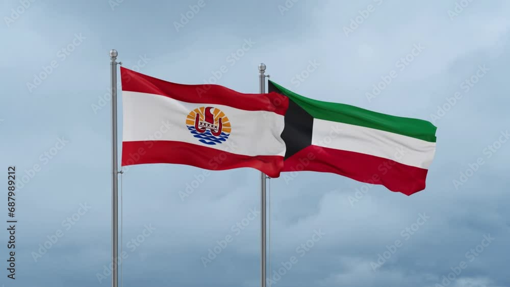 Kuwait and French Polynesia flag waving together on cloudy sky, endless seamless loop, two country cooperation concept Kuwait and French Polynesia flag waving together on cloudy sky, endless seamless loop, two country cooperation concept