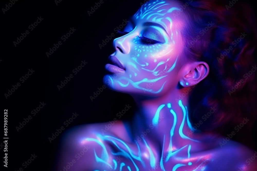 Fashion model woman in neon light, portrait of beautiful model girl with fluorescent make-up, body art in uv, painted