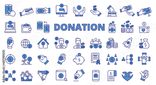 Donation icon set line design blue. Money, Charity, Charitable, Fundraising, Philanthropy, Volunteer, Giving, Support vector illustrations. Donation editable stroke icons