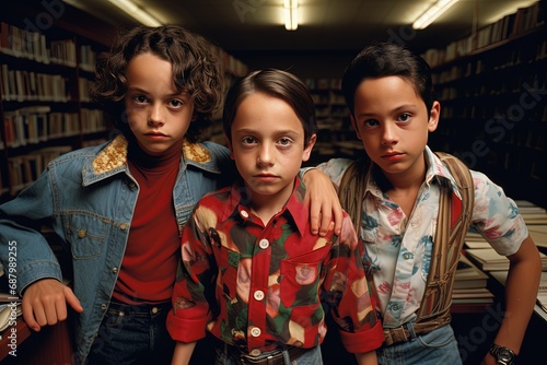 three boys standing together with serious look in library, rebel kids gangster look, vintage naughty childhood old memories, Generative Ai photo