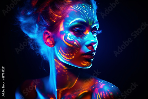 Fashion model woman in neon light  portrait of beautiful model girl with fluorescent make-up  body art in uv  painted
