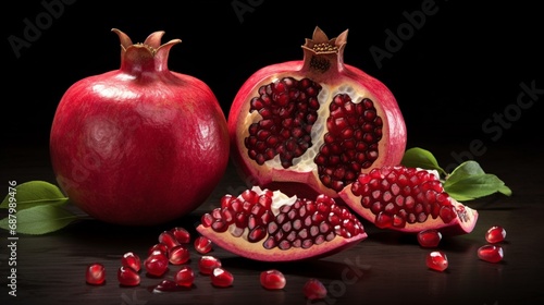 Showcase the exquisite details of a fresh, vibrant pomegranate, its deep red seeds glistening with juiciness.