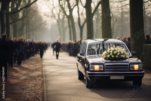 funeral procession, hearse on the street photo