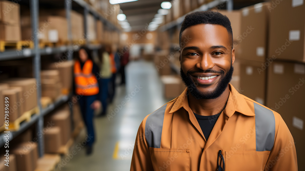 Fototapeta premium Delivery man in warehouse Delivery man holding parcel box
