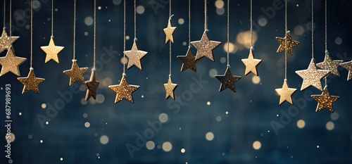 Dark background with golden stars and bokeh lights. Christmas and new year background.