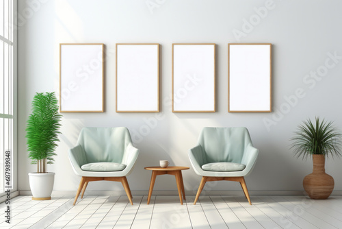 Living room with armchair in Scandinavian interior design with four empty wooden photo frames on light wall. Mock up template copy space for text