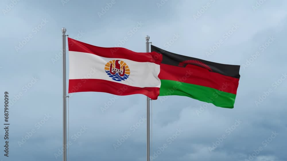 Malawi flag and French Polynesia flag waving together on cloudy sky, endless seamless loop, two country relations concept Malawi flag and French Polynesia flag waving together on cloudy sky, endless seamless loop, two country relations concept