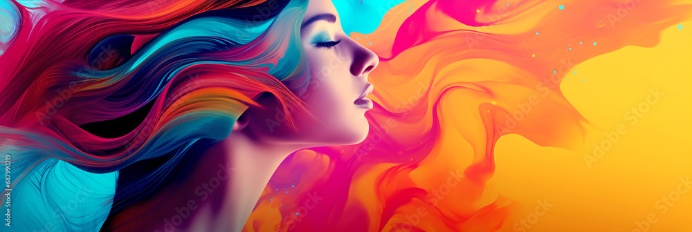 Surreal Illustration Of A Young Woman With Long Hair In Different Shades Of Color - legal AI