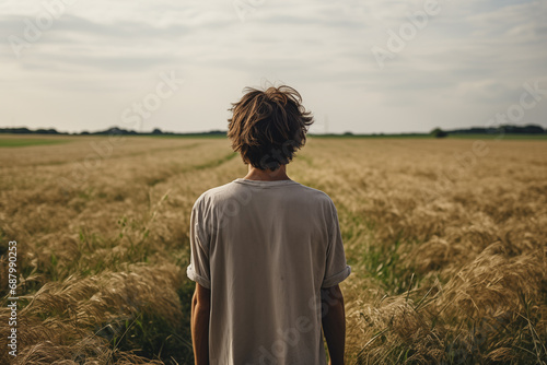 peasant boy on the background of a wheat field © Alexander