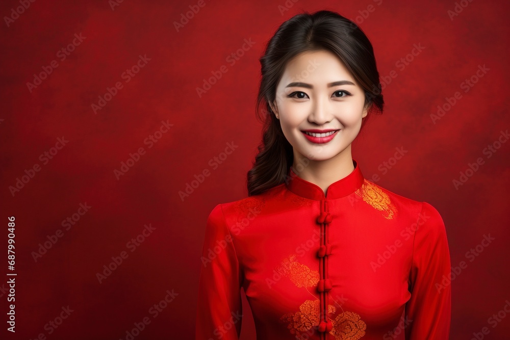 photo of woman wearing a cheongsam suit smiling to welcome tourists shopping in Chinese New Year, isolated on a single color background, copy space . generative ai photo of woman wearing a cheongsam suit smiling to welcome tourists shopping in Chinese New Year, isolated on a single color background, copy space . generative ai