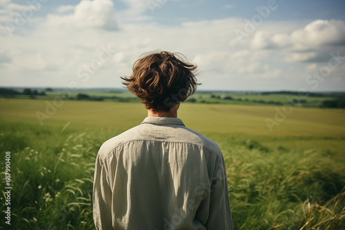 peasant boy on the background of a wheat field © Alexander