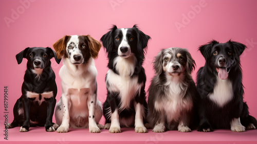 dog line up together for a portrait pink background