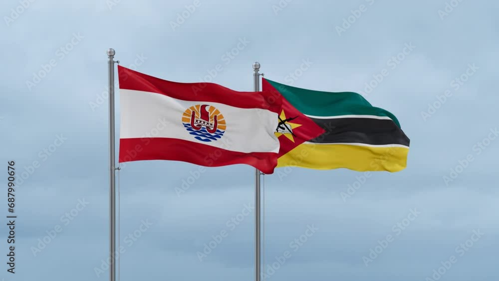 Mozambique and French Polynesia flag waving together on cloudy sky, endless seamless loop, two country cooperation concept Mozambique and French Polynesia flag waving together on cloudy sky, endless seamless loop, two country cooperation concept