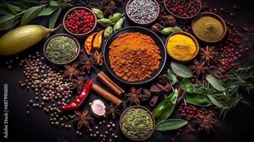 A Colorful Array of Spices and Herbs Adorning the Table