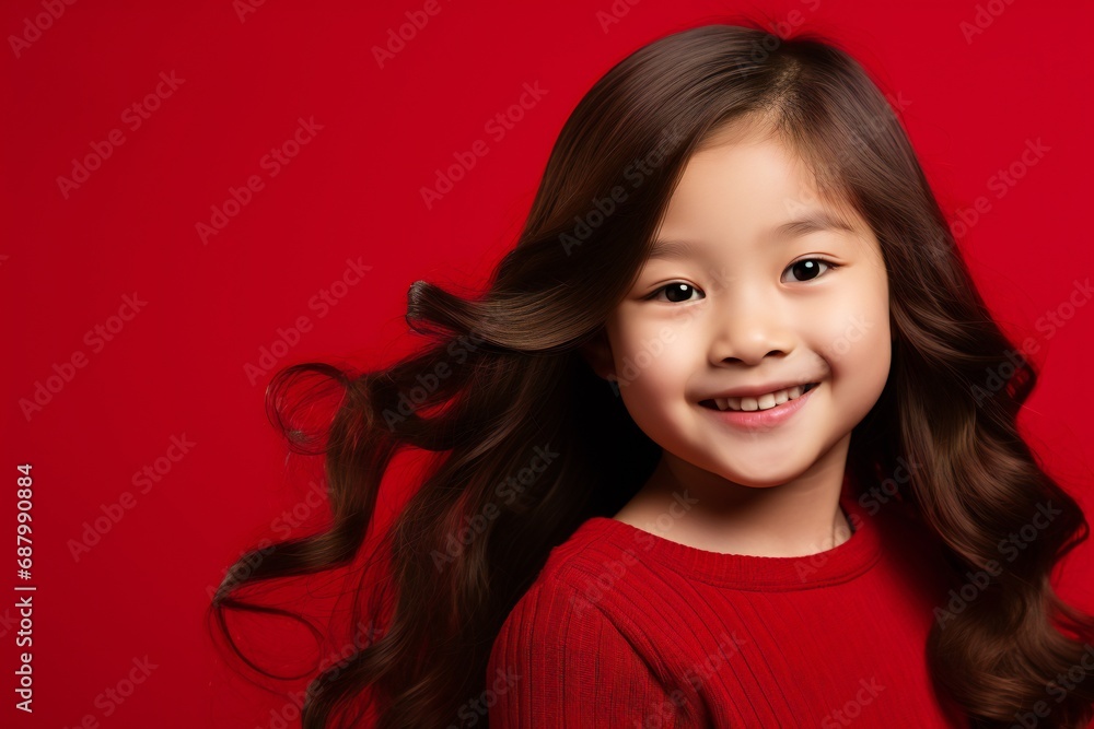 Young Asian baby girl beauty woman long hair isolated red background Young Asian baby girl beauty woman long hair isolated red background