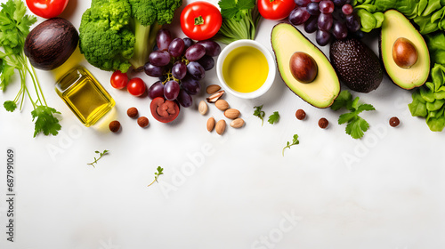 Border liver detox diet food concept, fruits, vegetables, nuts, olive oil, garlic. Cleansing the body, healthy eating. Top view, flat lay