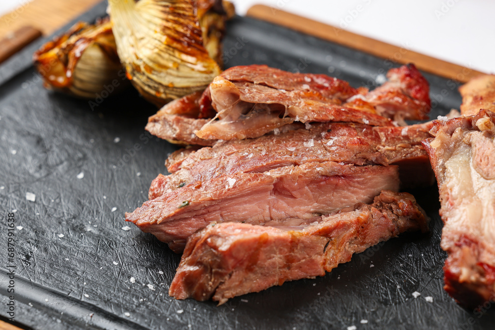 Beef entrecote steak. Close up photo with a dish made of beef entrecote ...