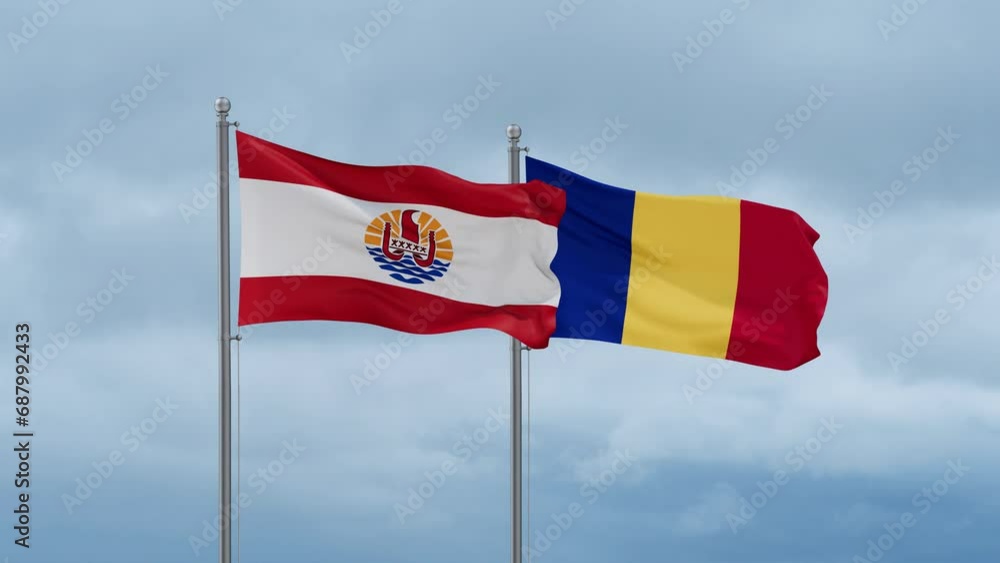 Romania and French Polynesia flag waving together on cloudy sky, endless seamless loop, two country cooperation concept Romania and French Polynesia flag waving together on cloudy sky, endless seamless loop, two country cooperation concept