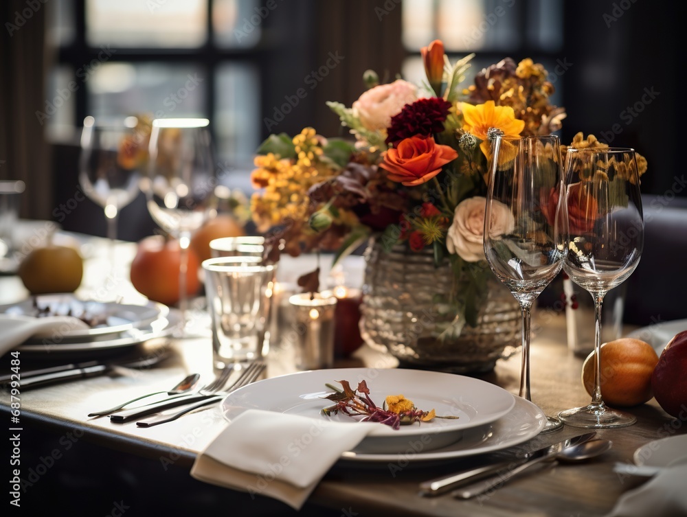 Fototapeta premium Dinner table setting for Thanksgiving dinner in a restaurant Traditional Thanksgiving turkey dinner.