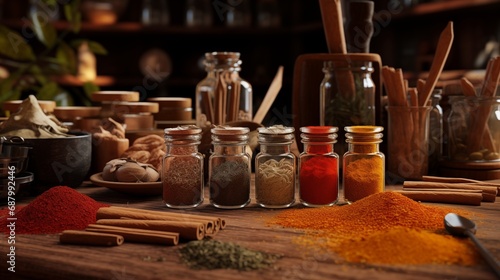 A Spice-Filled Wooden Table: An Array of Aromatic Spices and Herbs