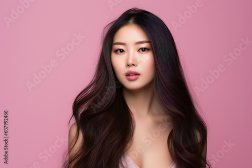 Young Asian beauty woman long hair isolated pink background