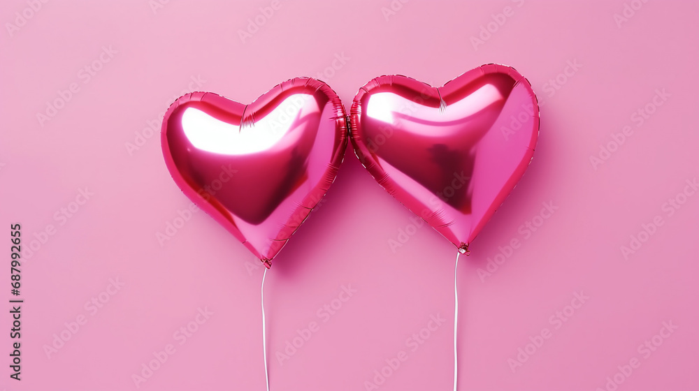 Heart shaped foil balloons on pink background. Valentine's day concept. 