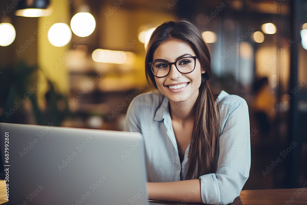 Close up portrait of young beautiful woman smiling while working with laptop in office. Close up portrait of young beautiful woman smiling while working with laptop in office.