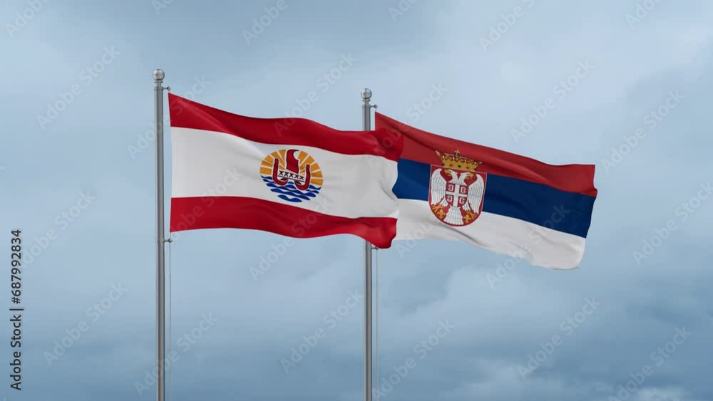 Republic of Serbia and French Polynesia flag waving together on cloudy sky, endless seamless loop, two country cooperation concept Republic of Serbia and French Polynesia flag waving together on cloudy sky, endless seamless loop, two country cooperation concept
