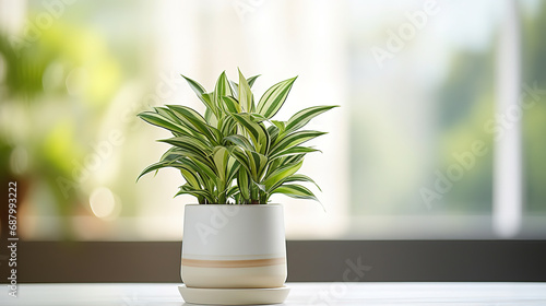 front view, potted house plant are on a table, daytime, bright, indoor, white Bokeh background