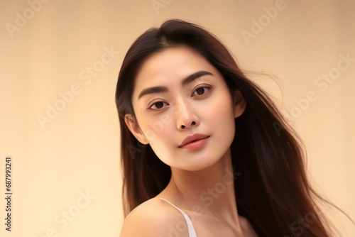 Young Asian beauty woman long hair in white lingerie with korean makeup style on face and perfect skin on isolated beige background. Facial treatment, Cosmetology, plastic surgery