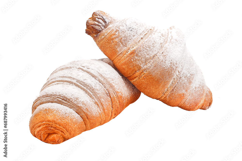 Croissants sprinkled with powdered sugar on top, isolated on white background Croissants sprinkled with powdered sugar on top, isolated on white background